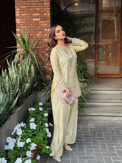Đěsigner Party Wear Look Pur Japan Satin Top & Farshi Palazzo With Dupatta set