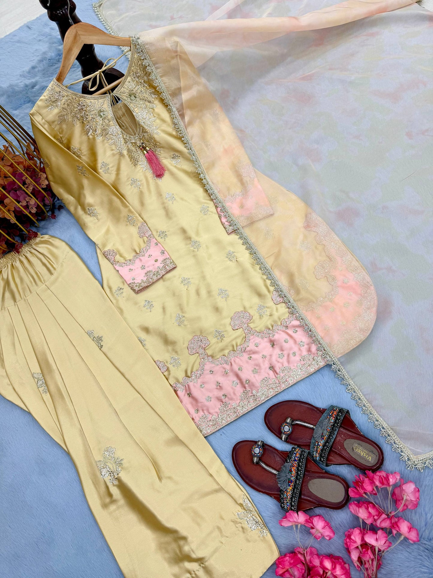 Đěsigner Party Wear Look Pur Japan Satin Top & Farshi Palazzo With Dupatta set
