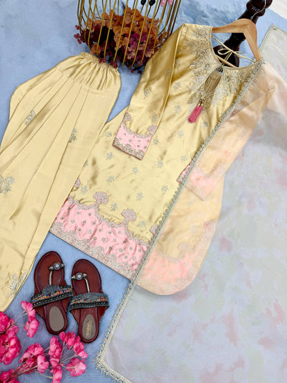 Đěsigner Party Wear Look Pur Japan Satin Top & Farshi Palazzo With Dupatta set