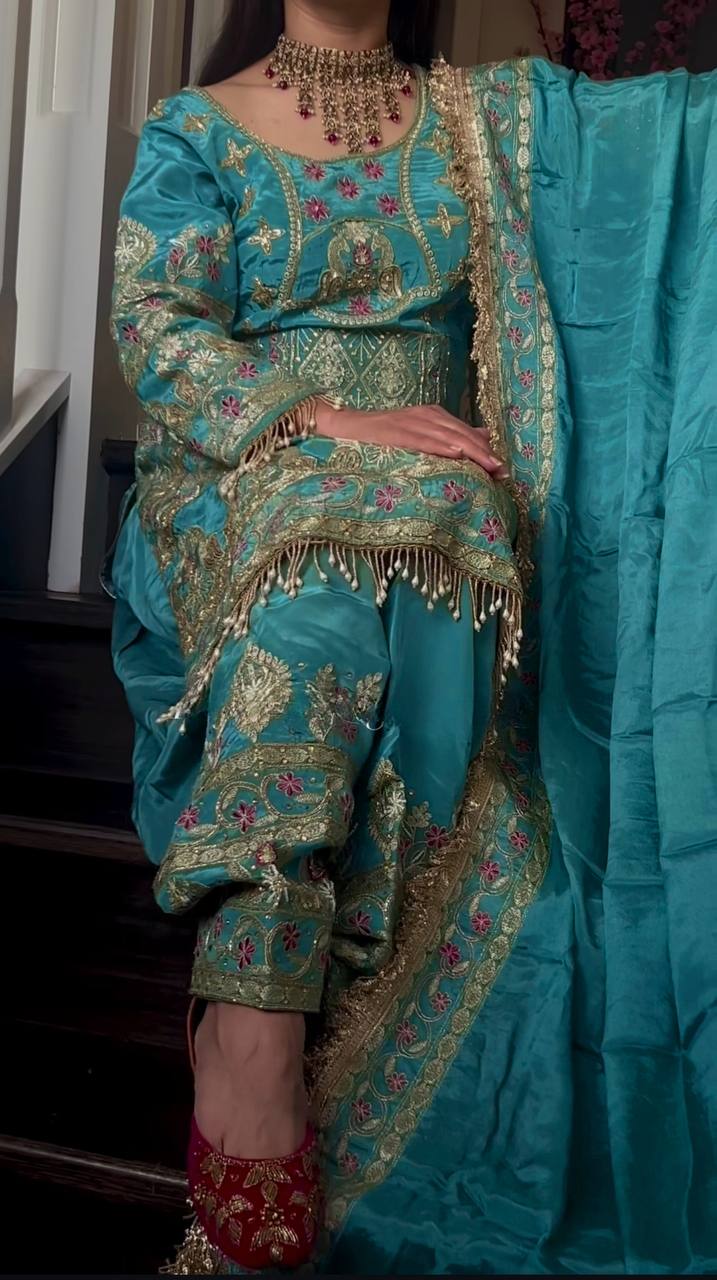 Designer Party Wear Look Top ,Dhoti Salwar and Dupatta