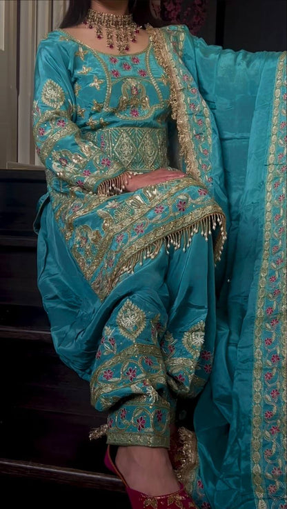 Designer Party Wear Look Top ,Dhoti Salwar and Dupatta