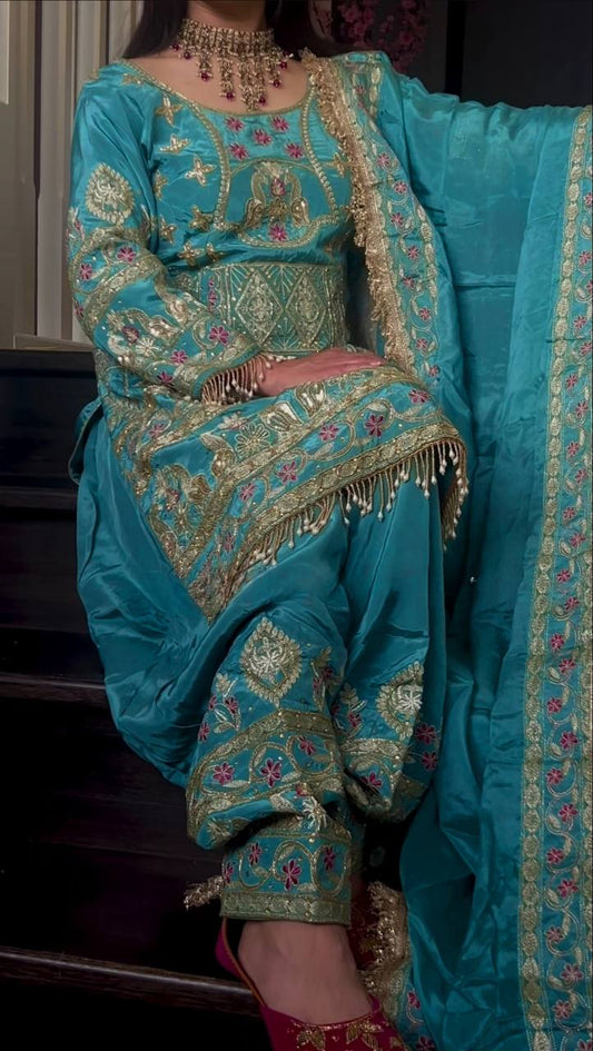 Designer Party Wear Look Top ,Dhoti Salwar and Dupatta
