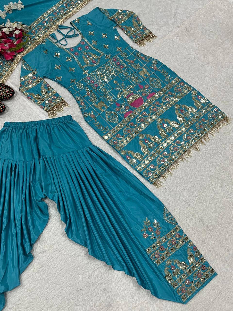 Designer Party Wear Look Top ,Dhoti Salwar and Dupatta