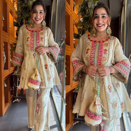 EXCLUSIVE AND TRENDY CO-ORD SET FOR WEDDING SEASON WITH MIRROR AND SEQUENCE EMBROIDERED TOP AND PLAZZO