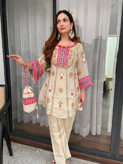 EXCLUSIVE AND TRENDY CO-ORD SET FOR WEDDING SEASON WITH MIRROR AND SEQUENCE EMBROIDERED TOP AND PLAZZO