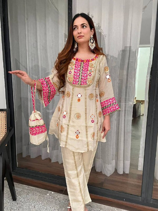 EXCLUSIVE AND TRENDY CO-ORD SET FOR WEDDING SEASON WITH MIRROR AND SEQUENCE EMBROIDERED TOP AND PLAZZO