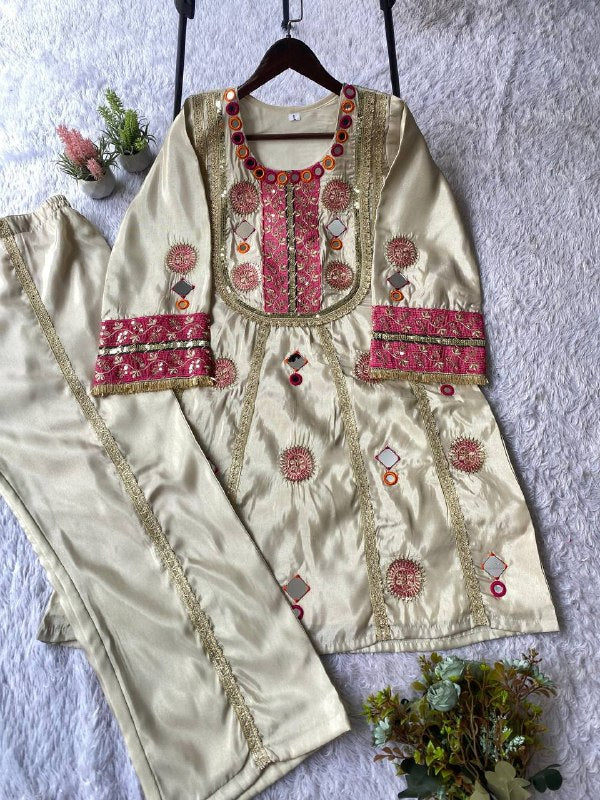 EXCLUSIVE AND TRENDY CO-ORD SET FOR WEDDING SEASON WITH MIRROR AND SEQUENCE EMBROIDERED TOP AND PLAZZO