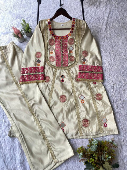 EXCLUSIVE AND TRENDY CO-ORD SET FOR WEDDING SEASON WITH MIRROR AND SEQUENCE EMBROIDERED TOP AND PLAZZO