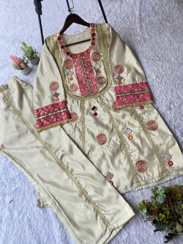 EXCLUSIVE AND TRENDY CO-ORD SET FOR WEDDING SEASON WITH MIRROR AND SEQUENCE EMBROIDERED TOP AND PLAZZO