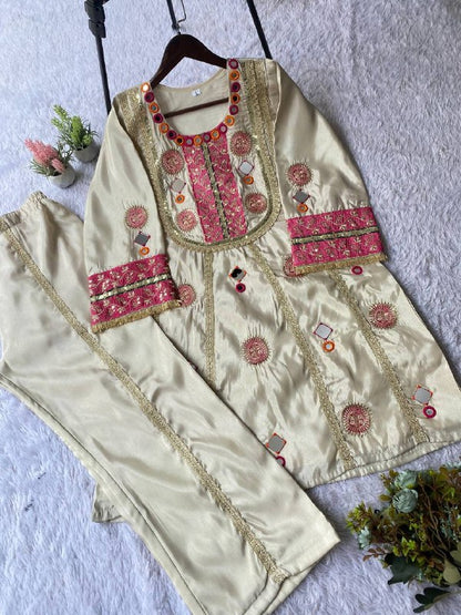 EXCLUSIVE AND TRENDY CO-ORD SET FOR WEDDING SEASON WITH MIRROR AND SEQUENCE EMBROIDERED TOP AND PLAZZO