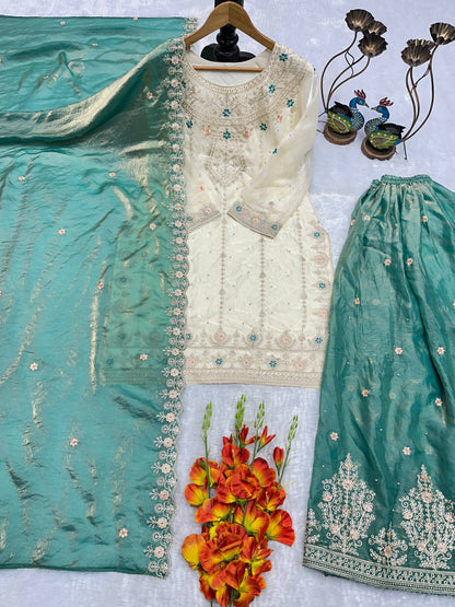 ĐĚSIGNER PARTY WEAR TOP AND PLAZZO. WITH FANCY DUPPATA AND EMBROIDERY WORK