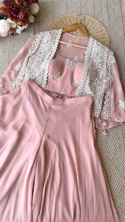 TRENDING PARTY WEAR THREE PIECE BLOUSE,PLAZZO AND SHRUGE WITH SEQUANCE EMBROIDERY REAL MIRROR WORK