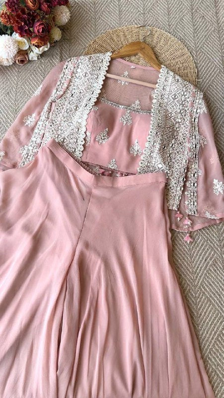 TRENDING PARTY WEAR THREE PIECE BLOUSE,PLAZZO AND SHRUGE WITH SEQUANCE EMBROIDERY REAL MIRROR WORK
