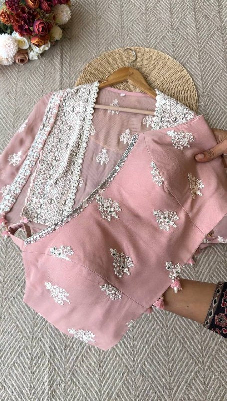 TRENDING PARTY WEAR THREE PIECE BLOUSE,PLAZZO AND SHRUGE WITH SEQUANCE EMBROIDERY REAL MIRROR WORK