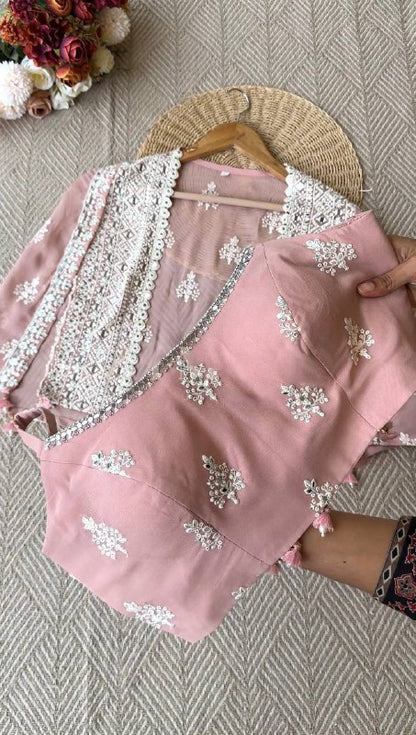 TRENDING PARTY WEAR THREE PIECE BLOUSE,PLAZZO AND SHRUGE WITH SEQUANCE EMBROIDERY REAL MIRROR WORK