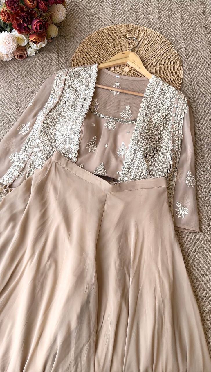 TRENDING PARTY WEAR THREE PIECE BLOUSE,PLAZZO AND SHRUGE WITH SEQUANCE EMBROIDERY REAL MIRROR WORK