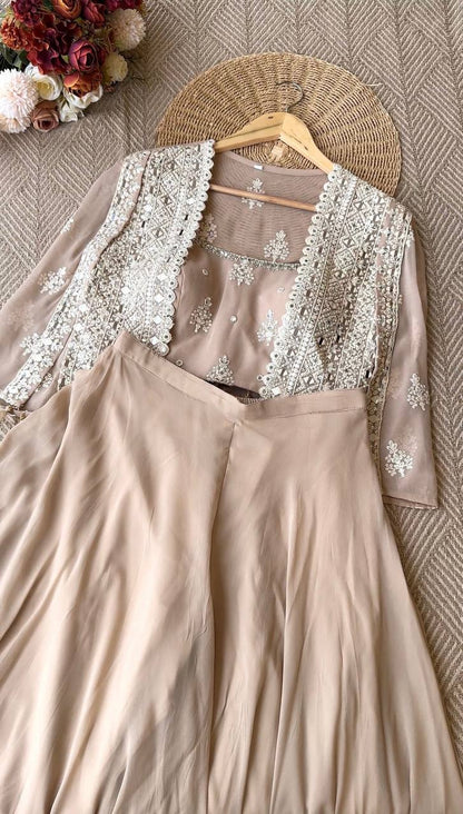 TRENDING PARTY WEAR THREE PIECE BLOUSE,PLAZZO AND SHRUGE WITH SEQUANCE EMBROIDERY REAL MIRROR WORK