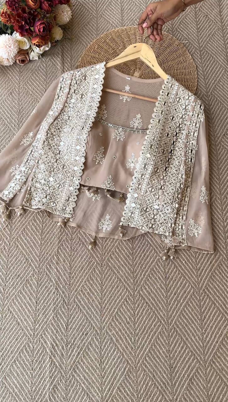TRENDING PARTY WEAR THREE PIECE BLOUSE,PLAZZO AND SHRUGE WITH SEQUANCE EMBROIDERY REAL MIRROR WORK