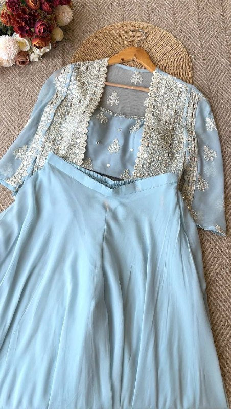 TRENDING PARTY WEAR THREE PIECE BLOUSE,PLAZZO AND SHRUGE WITH SEQUANCE EMBROIDERY REAL MIRROR WORK