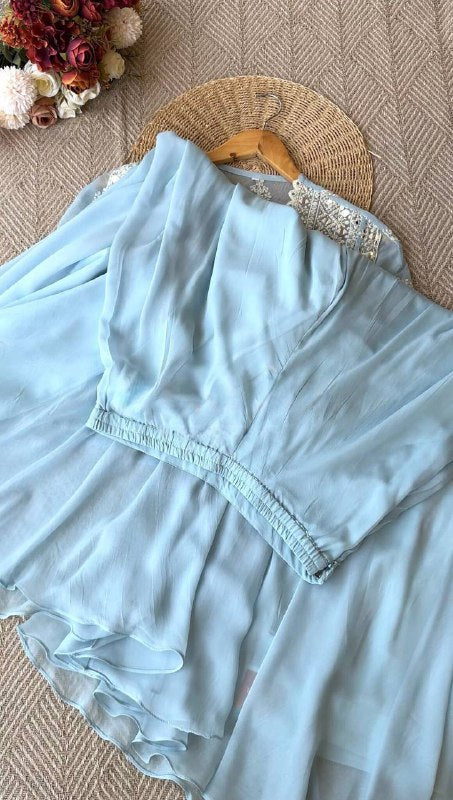 TRENDING PARTY WEAR THREE PIECE BLOUSE,PLAZZO AND SHRUGE WITH SEQUANCE EMBROIDERY REAL MIRROR WORK