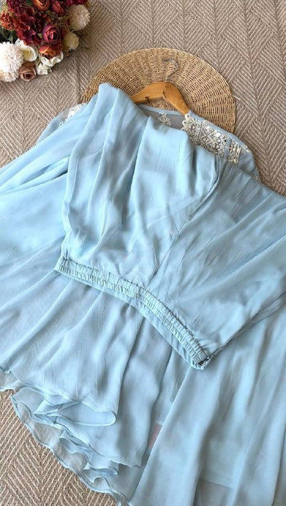 TRENDING PARTY WEAR THREE PIECE BLOUSE,PLAZZO AND SHRUGE WITH SEQUANCE EMBROIDERY REAL MIRROR WORK
