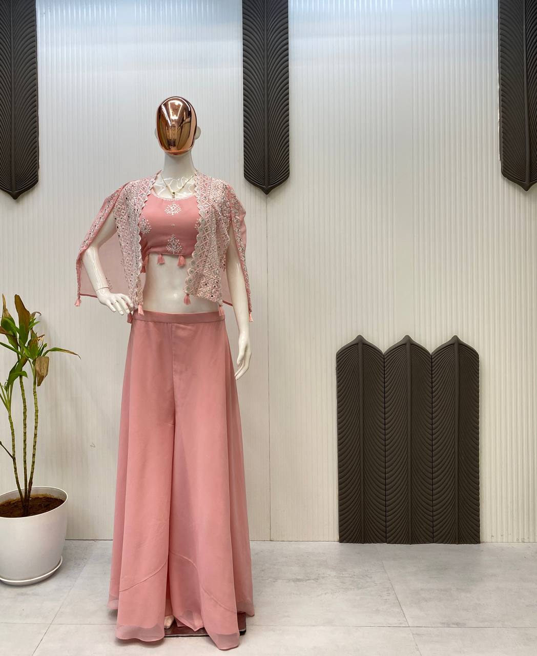TRENDING PARTY WEAR THREE PIECE BLOUSE,PLAZZO AND SHRUGE WITH SEQUANCE EMBROIDERY REAL MIRROR WORK