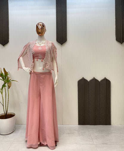 TRENDING PARTY WEAR THREE PIECE BLOUSE,PLAZZO AND SHRUGE WITH SEQUANCE EMBROIDERY REAL MIRROR WORK