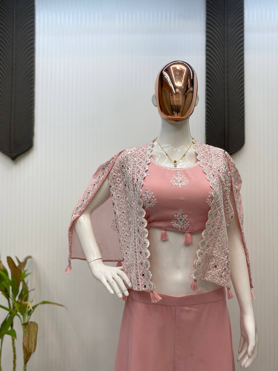 TRENDING PARTY WEAR THREE PIECE BLOUSE,PLAZZO AND SHRUGE WITH SEQUANCE EMBROIDERY REAL MIRROR WORK