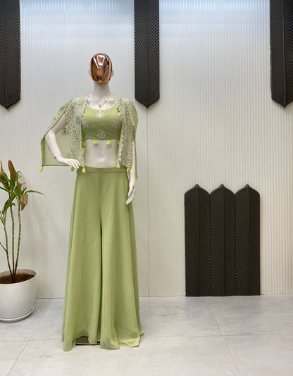 TRENDING PARTY WEAR THREE PIECE BLOUSE,PLAZZO AND SHRUGE WITH SEQUANCE EMBROIDERY REAL MIRROR WORK