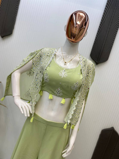 TRENDING PARTY WEAR THREE PIECE BLOUSE,PLAZZO AND SHRUGE WITH SEQUANCE EMBROIDERY REAL MIRROR WORK