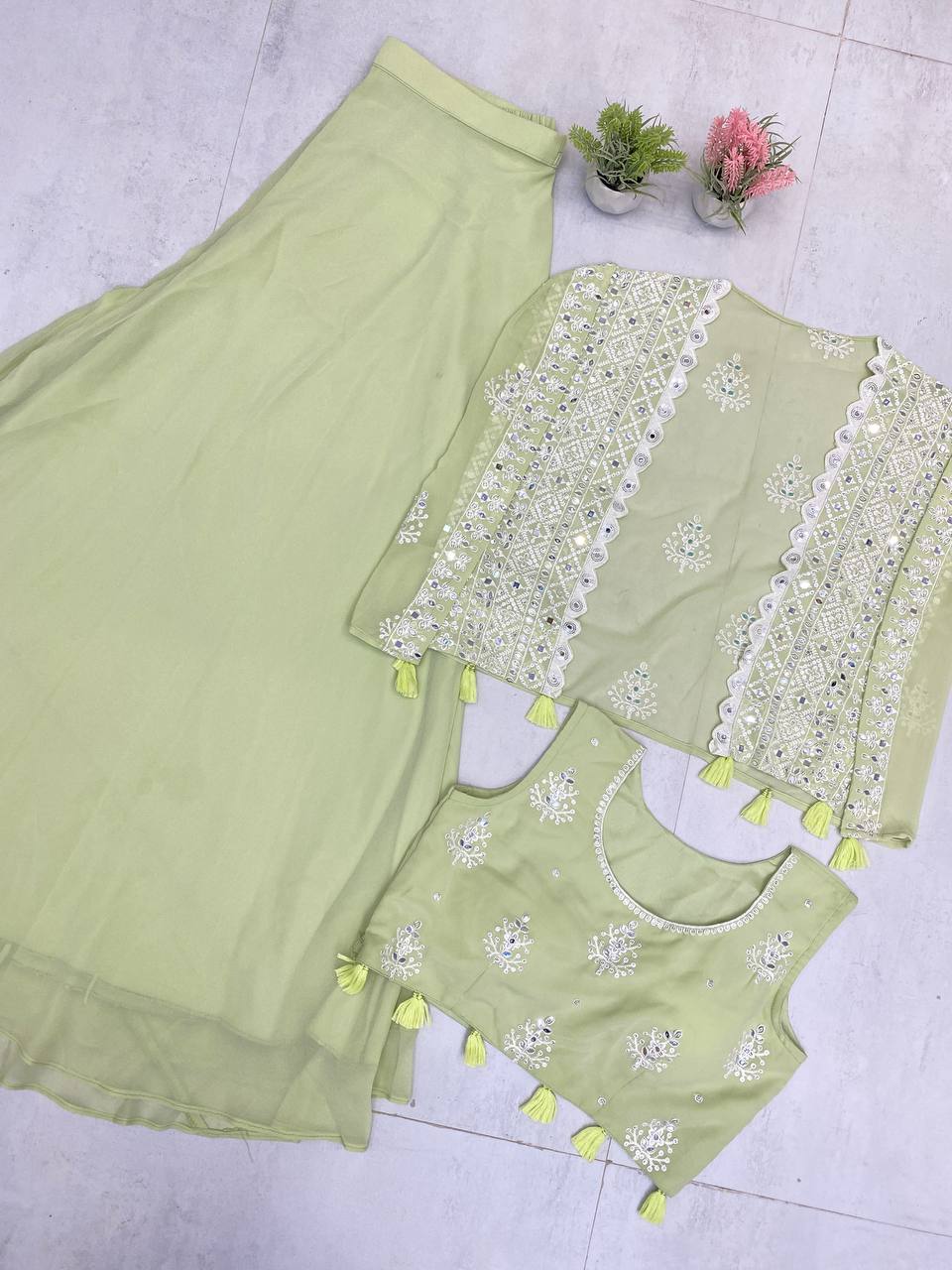 TRENDING PARTY WEAR THREE PIECE BLOUSE,PLAZZO AND SHRUGE WITH SEQUANCE EMBROIDERY REAL MIRROR WORK