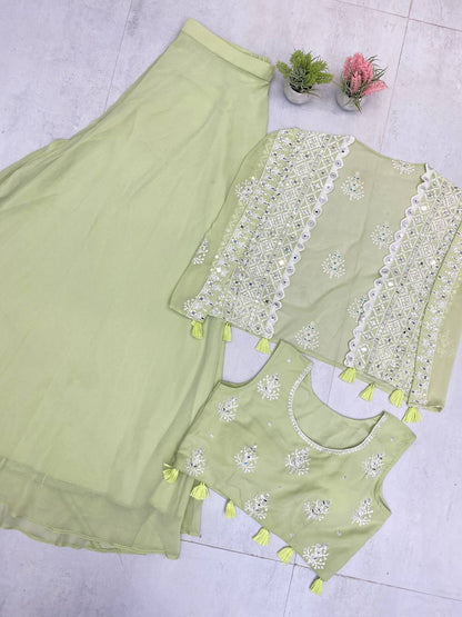 TRENDING PARTY WEAR THREE PIECE BLOUSE,PLAZZO AND SHRUGE WITH SEQUANCE EMBROIDERY REAL MIRROR WORK
