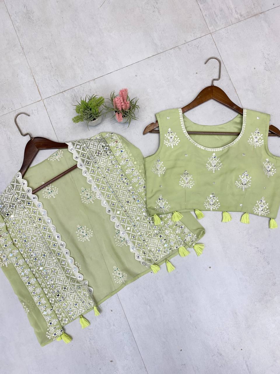 TRENDING PARTY WEAR THREE PIECE BLOUSE,PLAZZO AND SHRUGE WITH SEQUANCE EMBROIDERY REAL MIRROR WORK