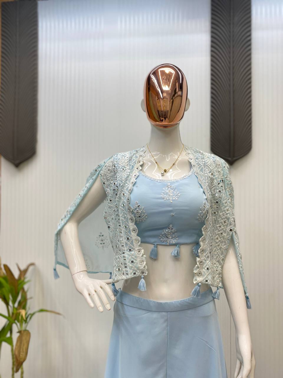 TRENDING PARTY WEAR THREE PIECE BLOUSE,PLAZZO AND SHRUGE WITH SEQUANCE EMBROIDERY REAL MIRROR WORK