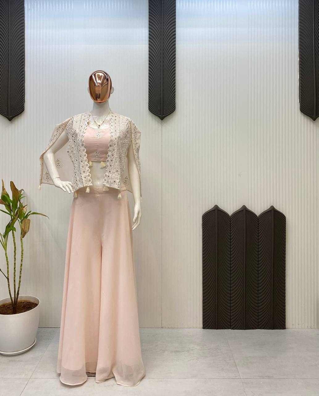 TRENDING PARTY WEAR THREE PIECE BLOUSE,PLAZZO AND SHRUGE WITH SEQUANCE EMBROIDERY REAL MIRROR WORK
