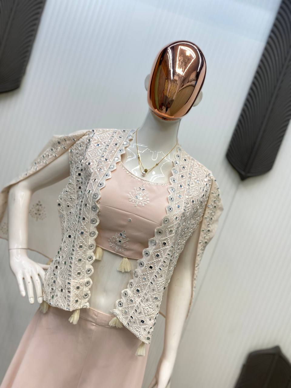 TRENDING PARTY WEAR THREE PIECE BLOUSE,PLAZZO AND SHRUGE WITH SEQUANCE EMBROIDERY REAL MIRROR WORK
