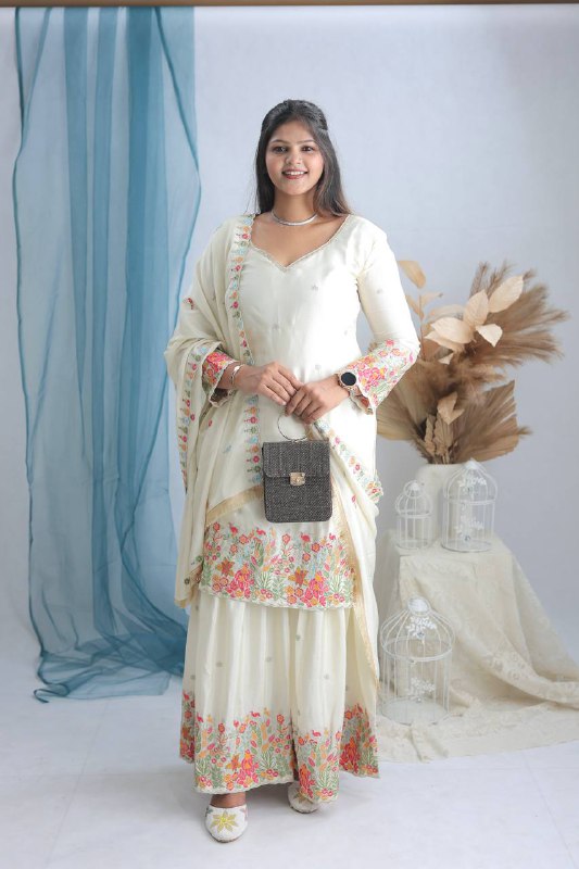 Cinon Silk Top-Sarara and Dupatta Set Fully Stitched Ready To Wear