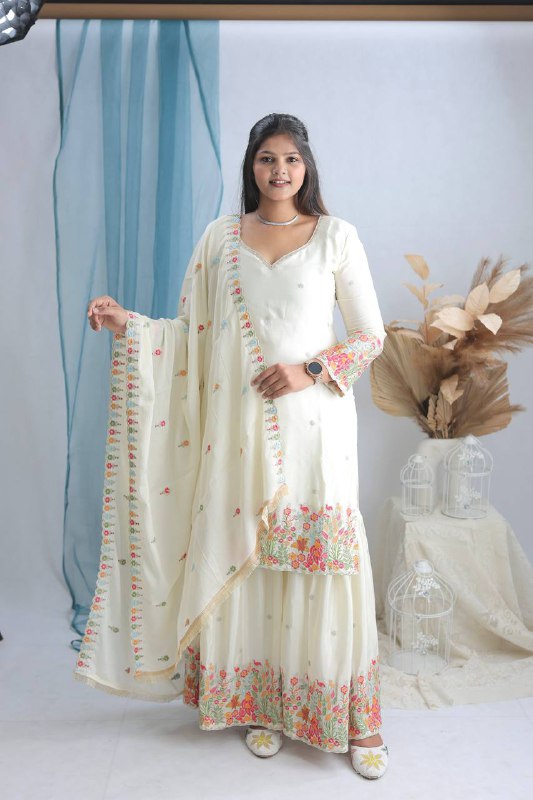 Cinon Silk Top-Sarara and Dupatta Set Fully Stitched Ready To Wear