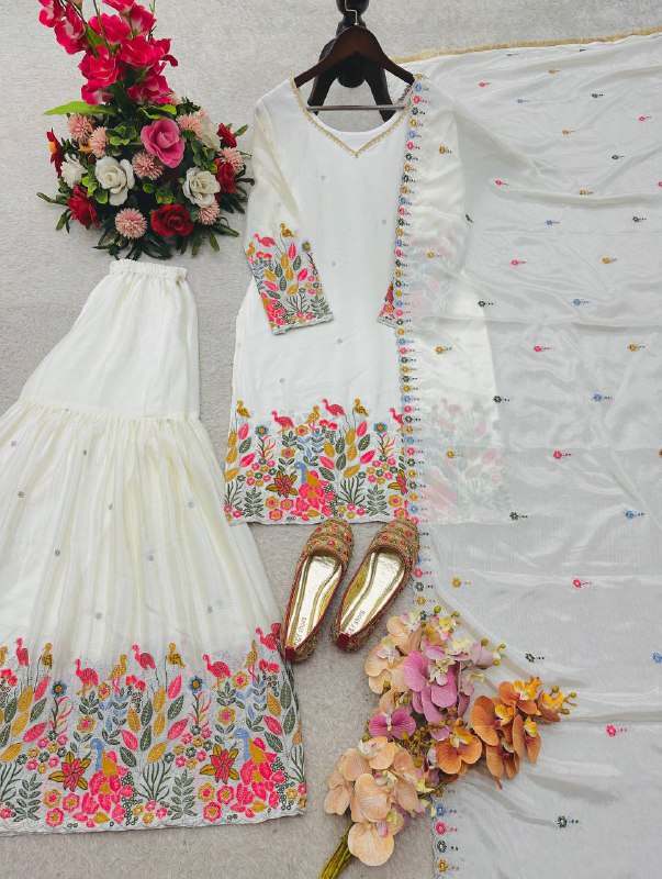 Cinon Silk Top-Sarara and Dupatta Set Fully Stitched Ready To Wear