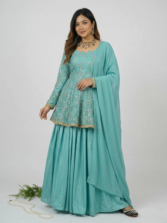 Heavy Fandy Silk  With Heavy  Embroidery 5mm Sequence Work With Full Sleeve With Readymade Less.