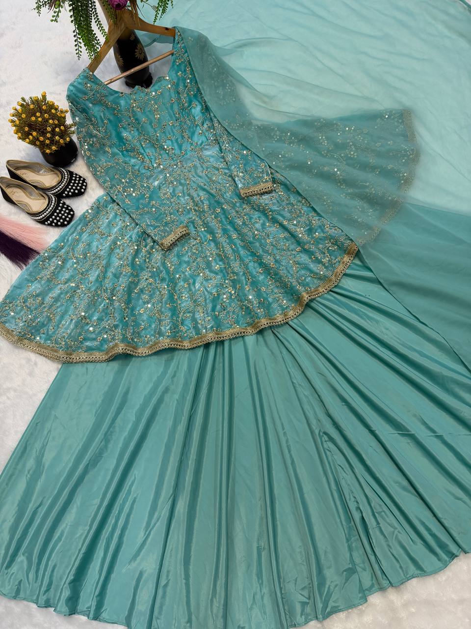 Heavy Fandy Silk  With Heavy  Embroidery 5mm Sequence Work With Full Sleeve With Readymade Less.