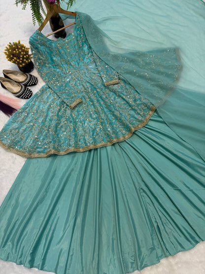 Heavy Fandy Silk  With Heavy  Embroidery 5mm Sequence Work With Full Sleeve With Readymade Less.
