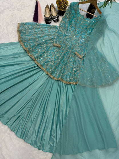 Heavy Fandy Silk  With Heavy  Embroidery 5mm Sequence Work With Full Sleeve With Readymade Less.