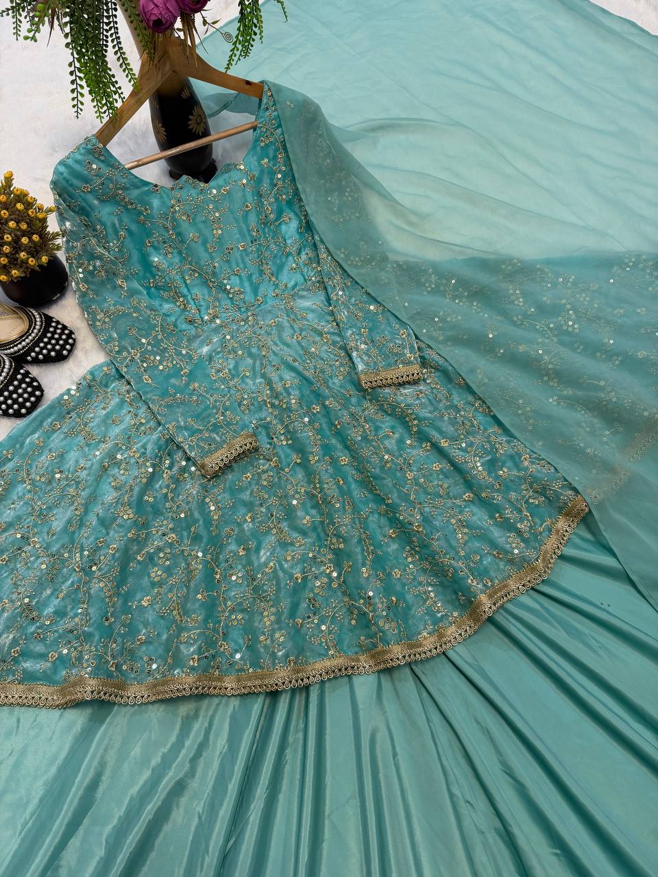 Heavy Fandy Silk  With Heavy  Embroidery 5mm Sequence Work With Full Sleeve With Readymade Less.