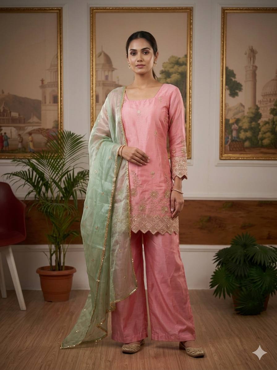 3 PIECES KURTI, PLAZZO & DUPATTA WITH EMBROIDERY WORK