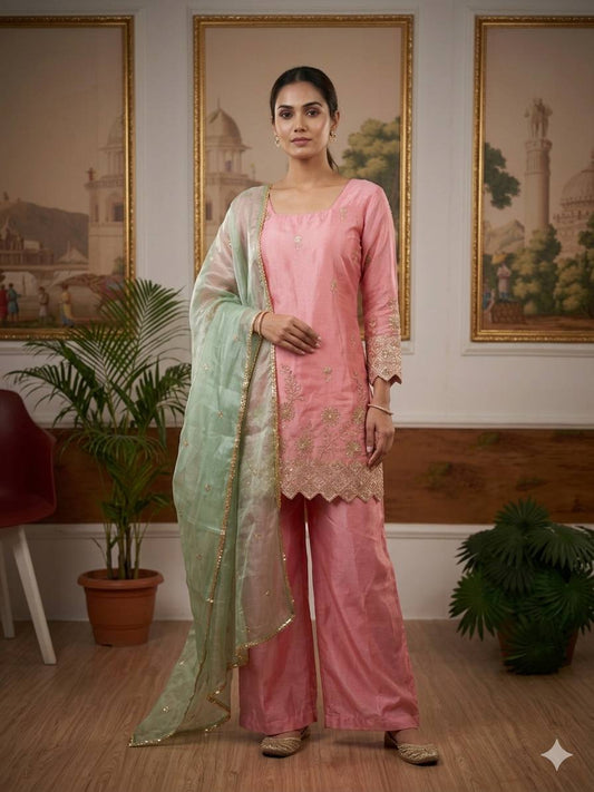 3 PIECES KURTI, PLAZZO & DUPATTA WITH EMBROIDERY WORK