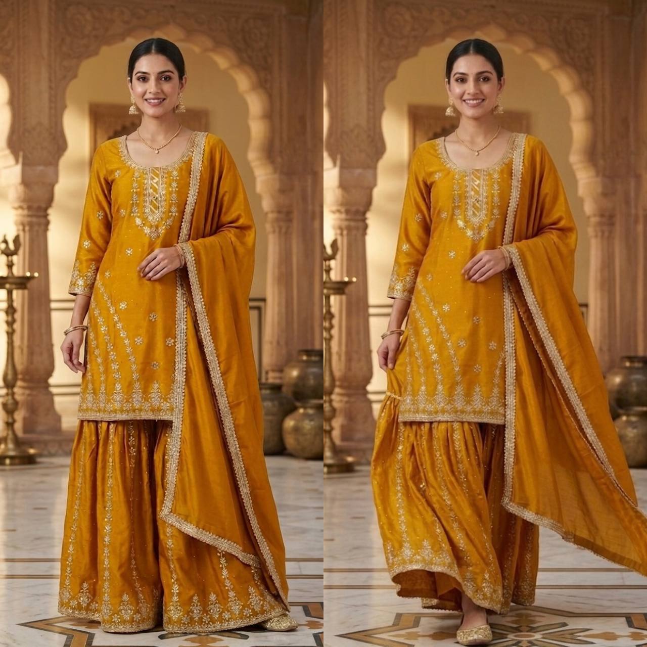 Pure Heavy Chinnon Silk With Heavy Embroidery Work With Fancy Borders Less Work Sleeve With Fancy Latkan Dori.