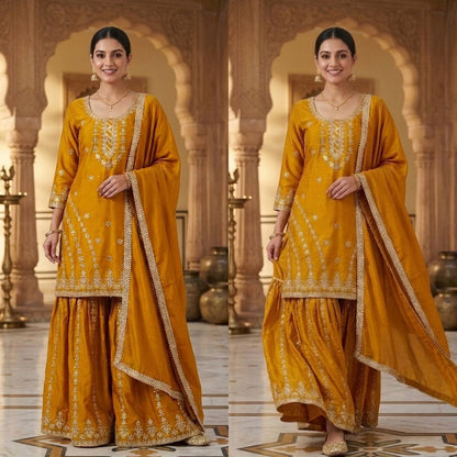 Pure Heavy Chinnon Silk With Heavy Embroidery Work With Fancy Borders Less Work Sleeve With Fancy Latkan Dori.