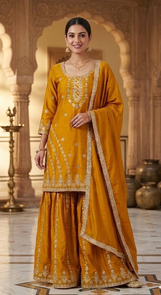 Pure Heavy Chinnon Silk With Heavy Embroidery Work With Fancy Borders Less Work Sleeve With Fancy Latkan Dori.