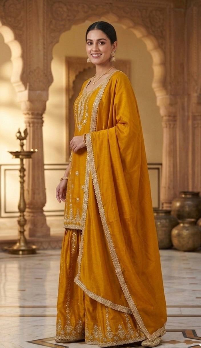 Pure Heavy Chinnon Silk With Heavy Embroidery Work With Fancy Borders Less Work Sleeve With Fancy Latkan Dori.